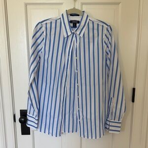 Lands' End Women’s White Shirt with Blue Vertical Stripes
